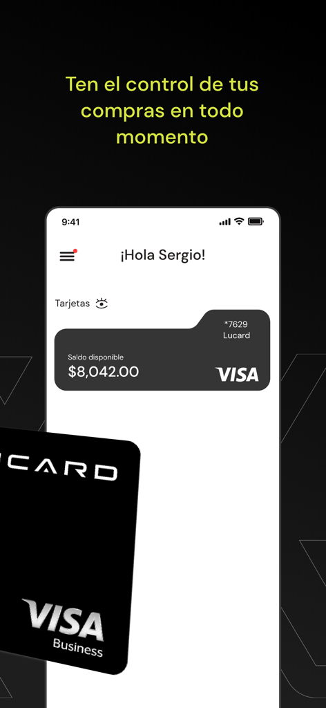 Lucard MX - Lucard MX app dashboard showing account balance and Visa Business card