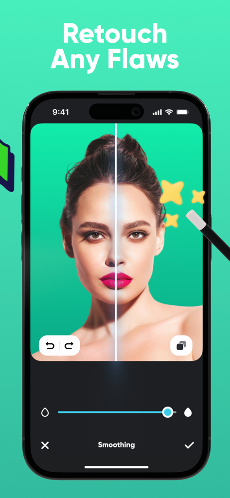 Body Editor & Face Filters - Interfaz de retoque facial de antes y después mostrando el control deslizante de suavizado de piel en la aplicación Body Editor
