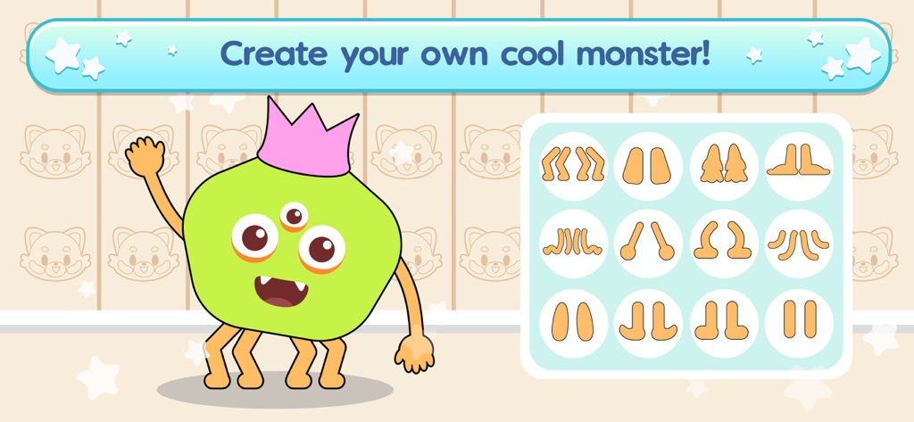 Pantalla de constructor de personajes en el Juego de Matemáticas Cambridge Primary que permite a los niños personalizar un monstruo verde con diferentes piernas y una corona.