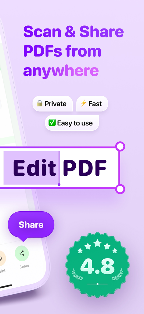 PDF Scanner Extra: Sign & Edit - Mobile app interface for PDF Scanner Extra showing scan edit and share features with a four point eight star rating