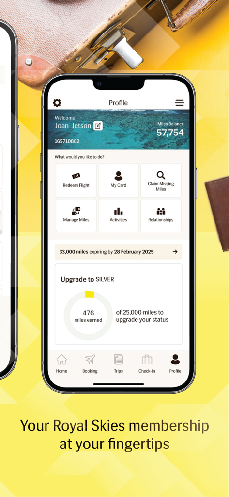 마일리지 잔액 및 실버 등급 진행 상황을 보여주는 로열 브루나이 항공 앱의 로열 스카이즈 회원 프로필