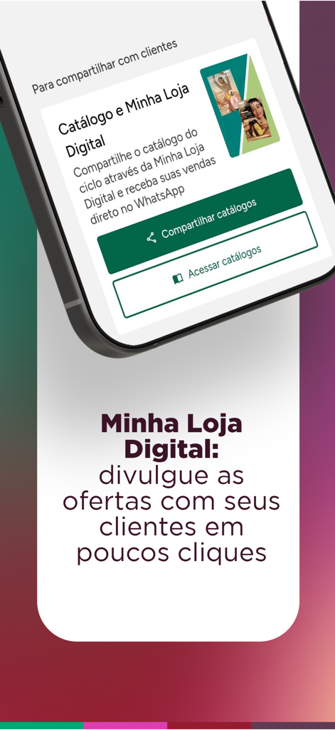 Smartphone displaying the digital store and catalog sharing feature of the Boticario reseller app