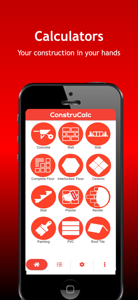 ConstruCalc - Menú principal de la aplicación ConstruCalc que muestra categorías de calculadoras de materiales de construcción en un smartphone