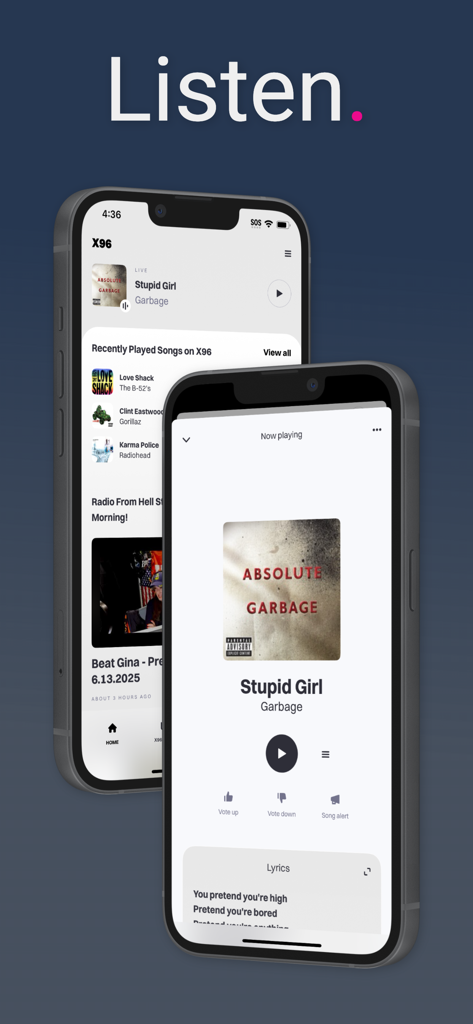 X96 mobile app on two iPhones showing the live stream player and recently played songs