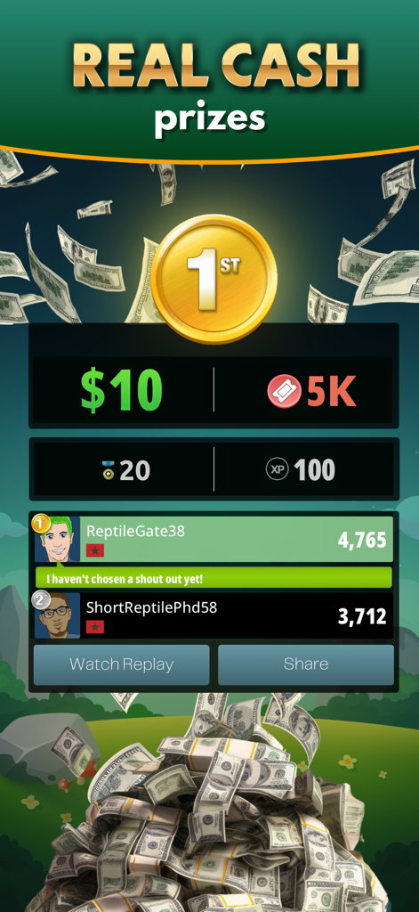 Word Money Game Win Real Cash - Interfaz mostrando premios en efectivo real y clasificaciones en el Juego de Palabras Dinero