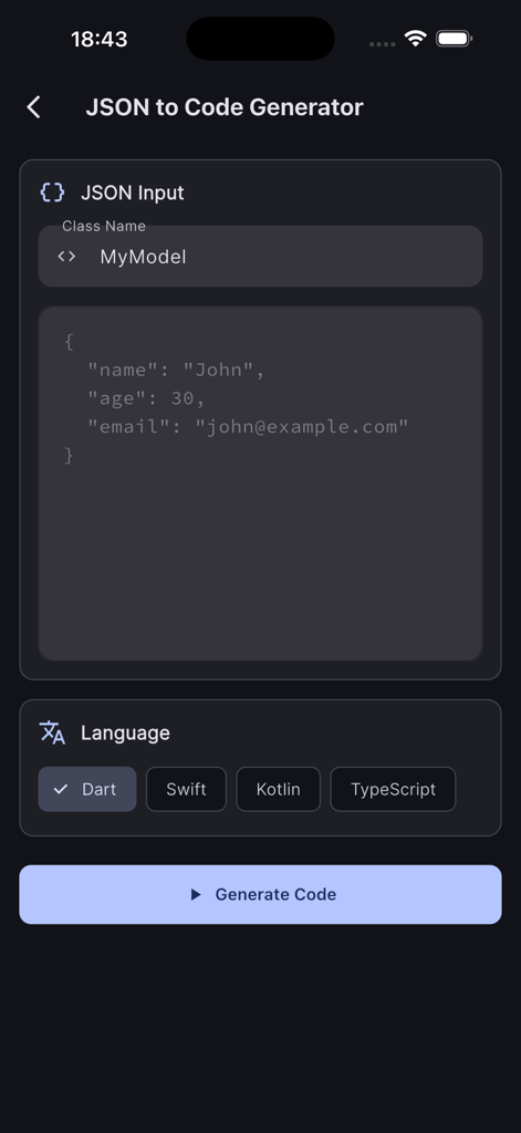 JSON to code generator interface showing JSON input and language options for Dart Swift Kotlin and TypeScript