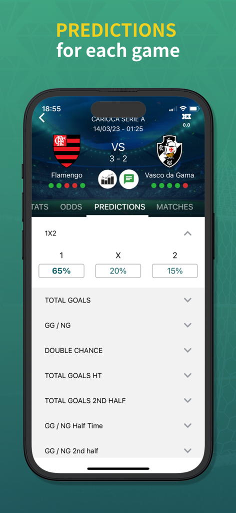 BetMines Football Betting Tips - BetMinesアプリの画面。AI駆動のサッカー試合予測と勝利確率が表示されています。