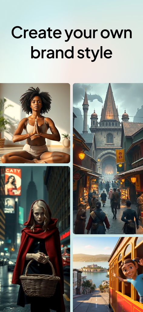 Hypernatural: AI Video Stories - A collage showing four different visual styles created with AI including a yoga scene, a fantasy market, a city story, and an animated character on a cable car.