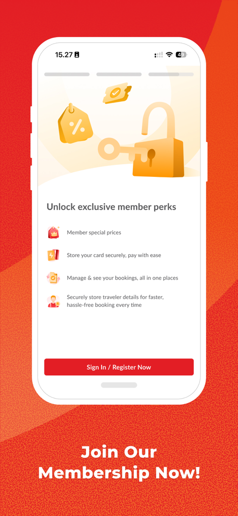 Pantalla de la aplicación Airpaz que destaca los beneficios de la membresía, como precios especiales y reservas más rápidas.
