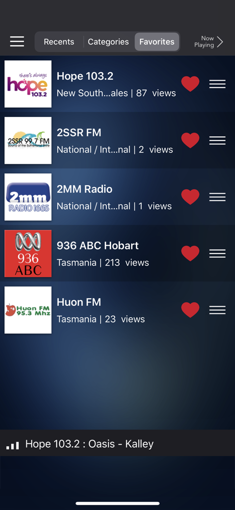A list of favorite Australian radio stations within the Radio Australia mobile application.