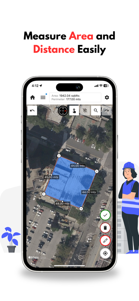 GPS Land Measurement & Survey - Mapulator app interface showing land area and perimeter measurement on a satellite map