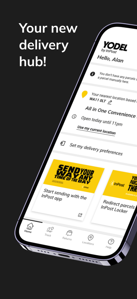 Home screen of the Yodel by InPost app on a smartphone displaying personalized delivery options and parcel management tools.