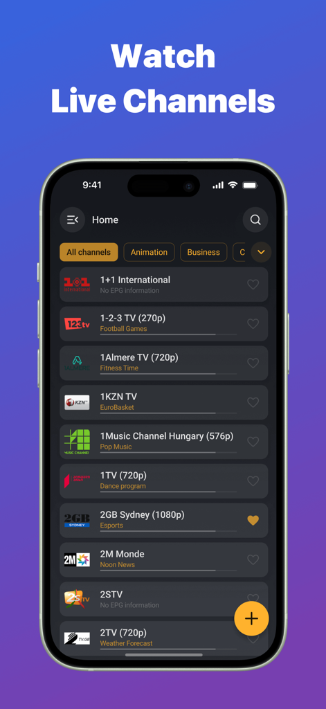 IPTV Stream Player – Live TV - Un elenco di canali TV in diretta visualizzato sull'interfaccia mobile di IPTV Stream Player.