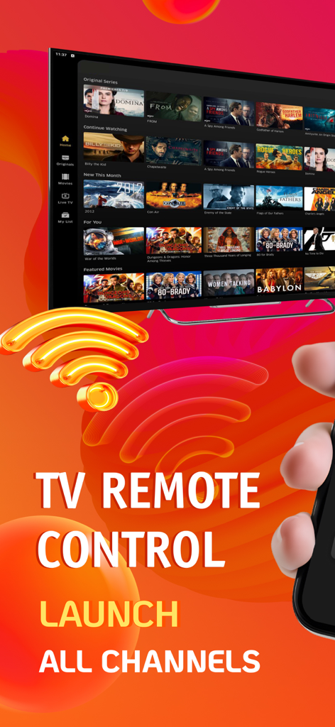 Smart TV Remote App. - A smartphone being used as a remote control to browse and launch channels on a smart TV.