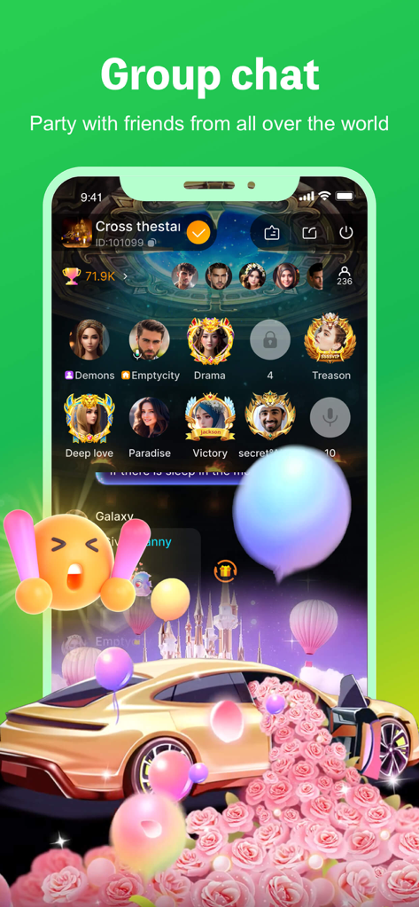 FoFoChat-Group Voice Chat Room - FoFoChat mobile app screen showing a group voice chat room with user avatars and a luxury virtual car gift.
