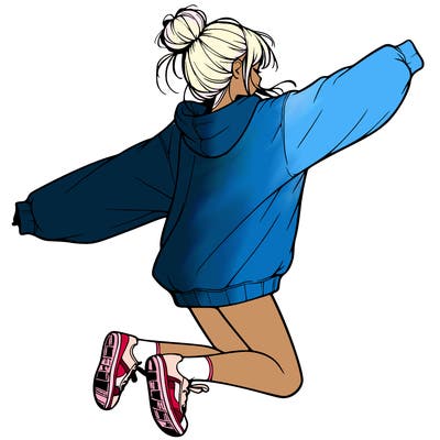 realistic girl jumping with a bun and oversized sweatshirt