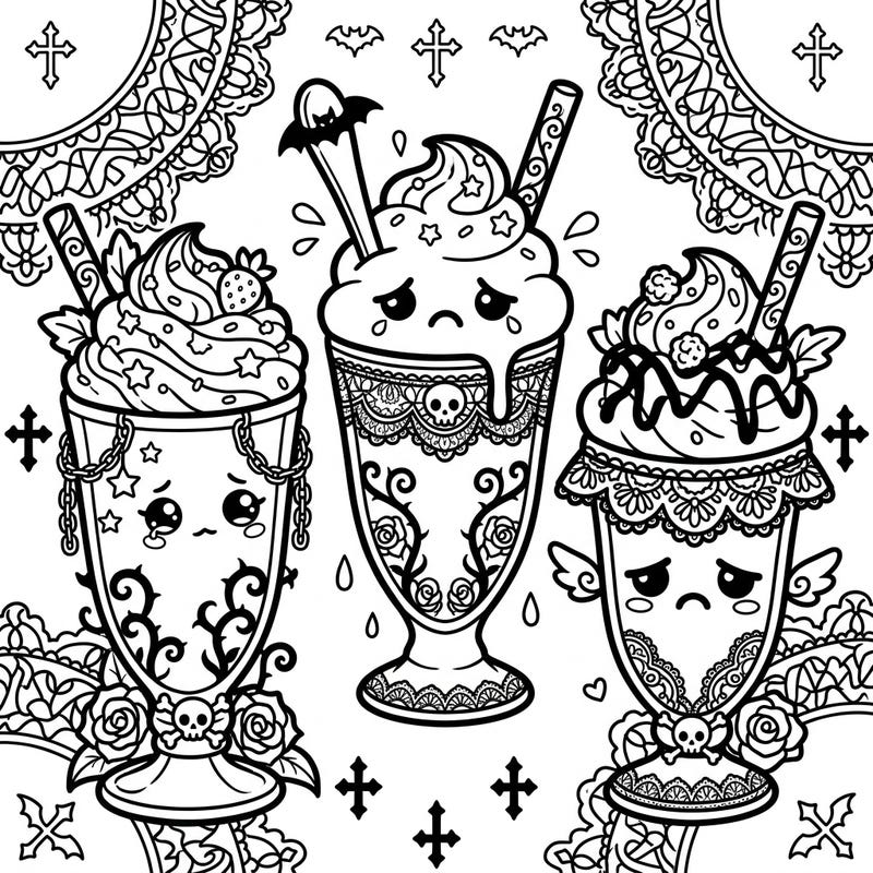 Discover our unique Kawaii Gothic Milkshakes coloring page, blending adorable cuteness with dark, intricate details. These sweet yet spooky beverages offer a delightful and unconventional coloring experience for all ages.