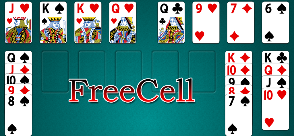 Odesys FreeCell Solitaire - Interfaz del clásico juego de cartas FreeCell Solitaire con naipes sobre un fondo verde