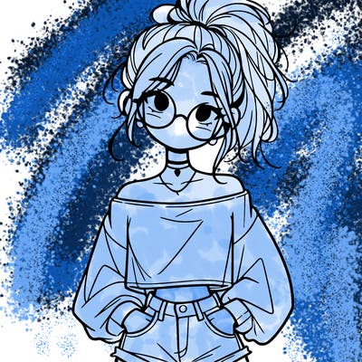 girl with a messy ponytail glasses a baggy crop top and jean shorts