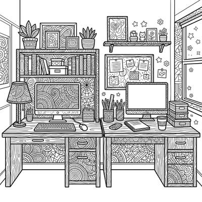 Transform your workspace into a masterpiece with this intricate Zentangle Bedroom Desks coloring page. Dive into a world of detailed patterns and create a vibrant, personalized study or creative haven.
