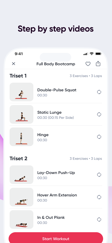 Sweat app interface showing a Full Body Bootcamp workout with step by step exercise videos