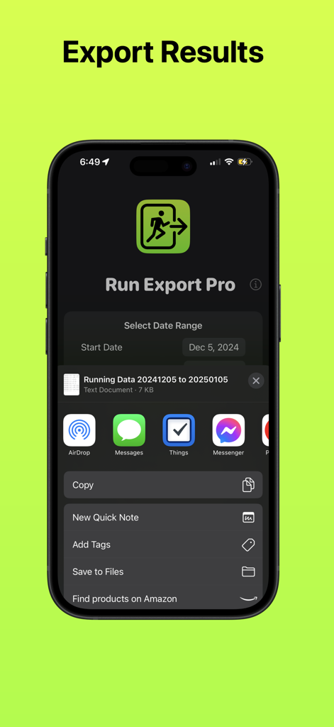 Run Export Pro - Run Export Pro interface showing the native iOS share sheet to export running data sessions as a CSV file