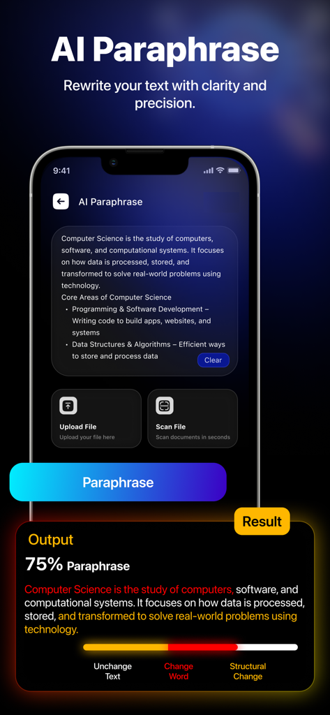 Humanize AI: Paraphrase Tool! - Humanize AI mobile app interface showing the paraphrase tool with text results and editing highlights