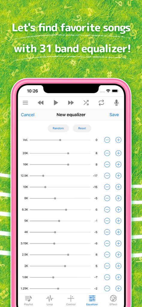Hayaemon - Music Player - Una pantalla de smartphone que muestra la configuración del ecualizador de 31 bandas dentro de la aplicación reproductora de música Hayaemon