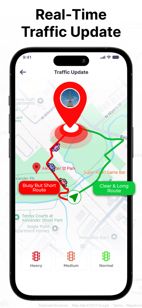 Camera Detector:Speed Tracker - Pantalla de la aplicación móvil que muestra actualizaciones de tráfico en tiempo real con opciones de rutas congestionadas y despejadas en un mapa