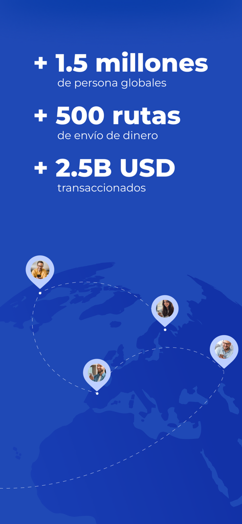 Global66: Tu Cuenta Global - Global66 app statistics showing over 1.5 million users and 500 money transfer routes on a world map