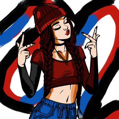 realistic teenage girl with braids and a beanie and crop top doing 🫶🏼