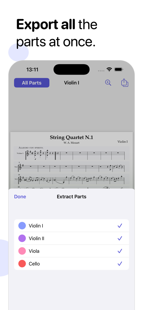 Partifier: extract score parts - Partifier app interface showing the selection and export of multiple instrument parts from a Mozart string quartet score