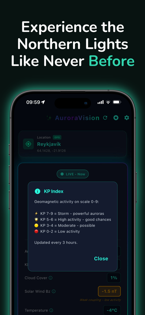 Aurora Vision - Uma tela móvel do aplicativo Aurora Vision explicando o Índice Kp para os níveis de atividade da aurora boreal