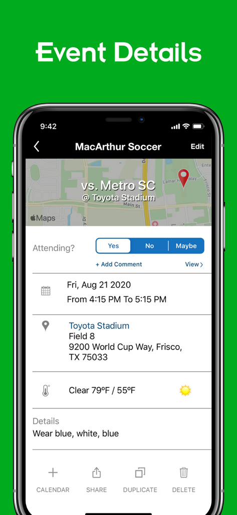 TeamReach app screenshot showing event details for a soccer match with map RSVP and weather info