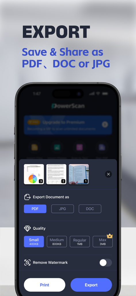 Power Scan-PDF Scanner - Interfaz de aplicación móvil para Power Scan que muestra la configuración de exportación de documentos para formatos PDF, JPG y DOC