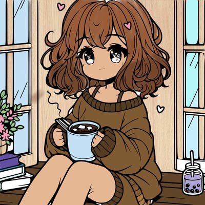 cute anime girl reading book and drinking hot chocolate from mug with loose wavy hair wearing a baggy sweatshirt and shorts sitting by windowsill looking out