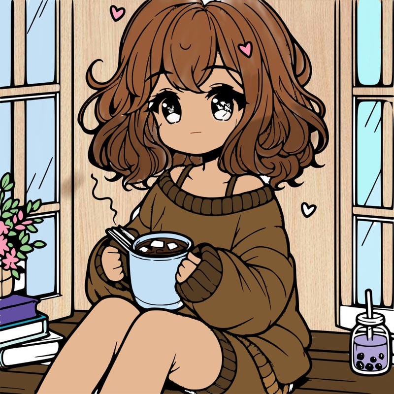 cute anime girl reading book and drinking hot chocolate from mug with loose wavy hair wearing a baggy sweatshirt and shorts sitting by windowsill looking out