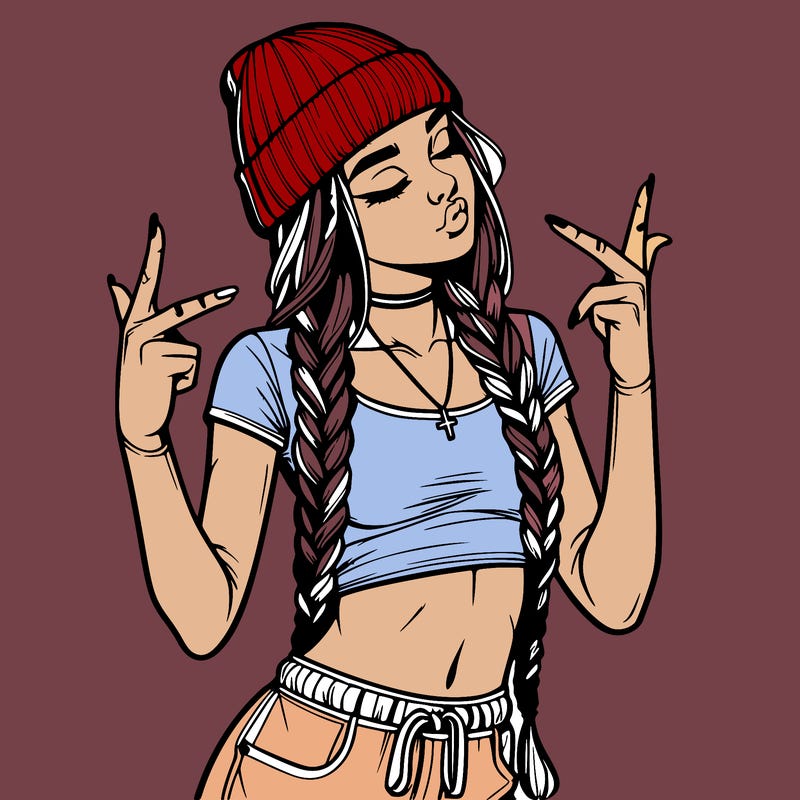 realistic teenage girl with braids and a beanie and crop top doing 🫶🏼