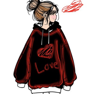 realistic girl with a oversized sweatshirt on and a bun