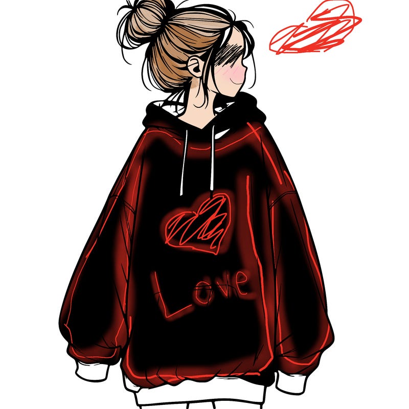 realistic girl with a oversized sweatshirt on and a bun