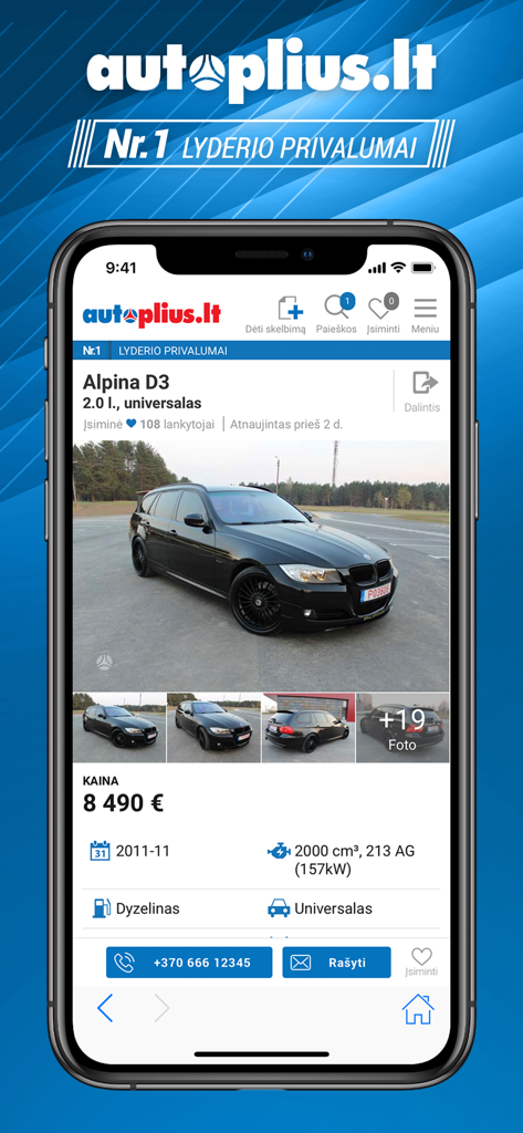 Captura de ecrã da aplicação móvel Autoplius.lt mostrando um anúncio de carro para um Alpina D3 com preço e detalhes técnicos