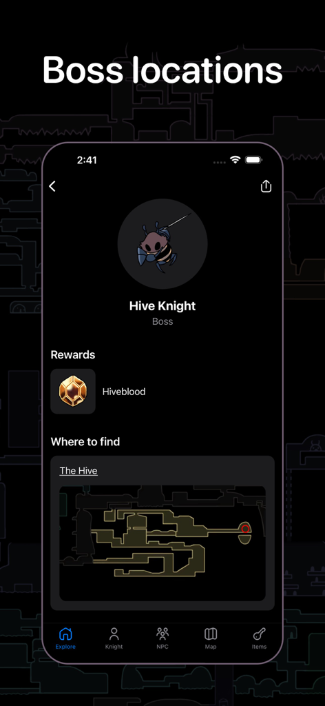 Information about the boss Hive Knight including location and rewards in the Guide for Hollow Knight app.