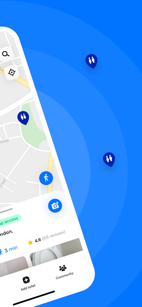Toilet Finder - Kartenoberfläche der Toilettensuche-App mit Standorten von Toiletten in der Nähe und Nutzerbewertungen