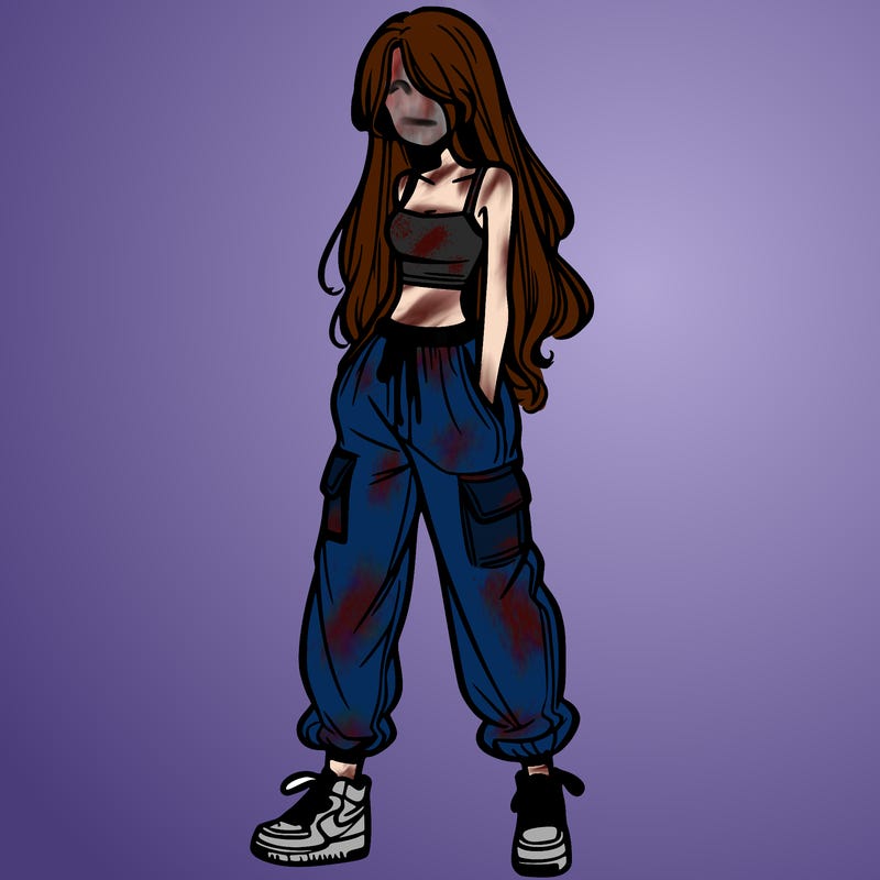 girl in baggy pants crop top and long hair