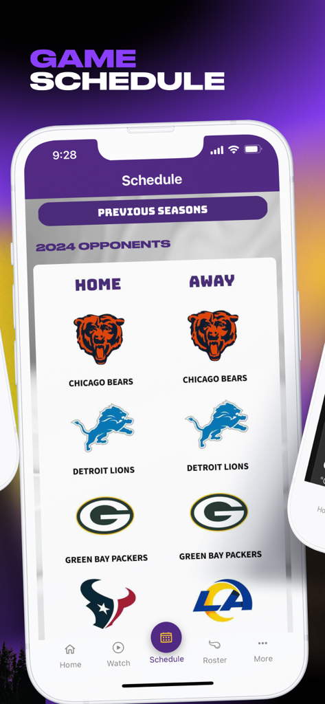 Minnesota Vikings - Screenshot of the Minnesota Vikings mobile app showing the 2024 game schedule and opponents.