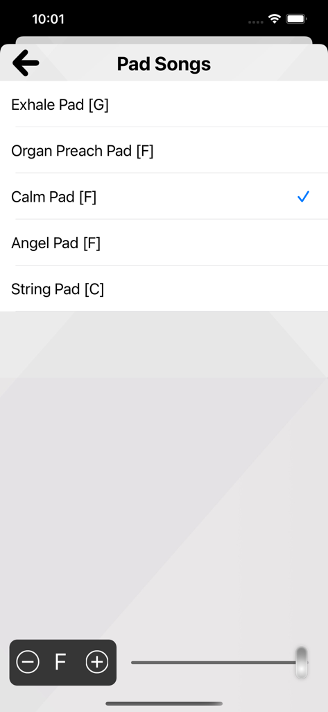 XME LOOPS app interface displaying a list of pad songs with key and volume controls