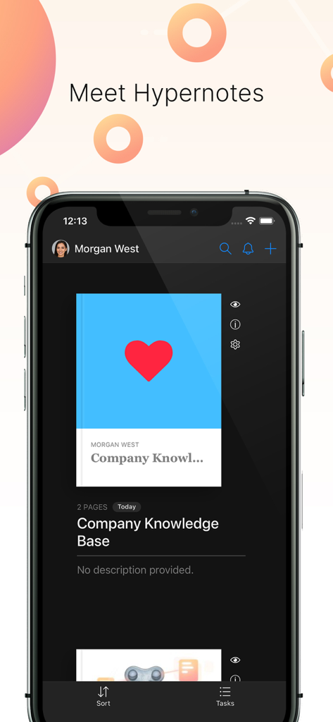 Hypernotes by Zenkit - Hypernotes by Zenkit app interface on iPhone showing a company knowledge base