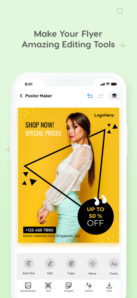 Flyer Maker Poster Design - Interface d'application mobile montrant les outils d'édition d'un modèle de flyer de soldes de mode.