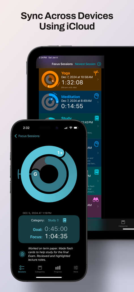 Focus Dial - Focus Dial app showing focus session history and timers synced across iPhone and iPad using iCloud.