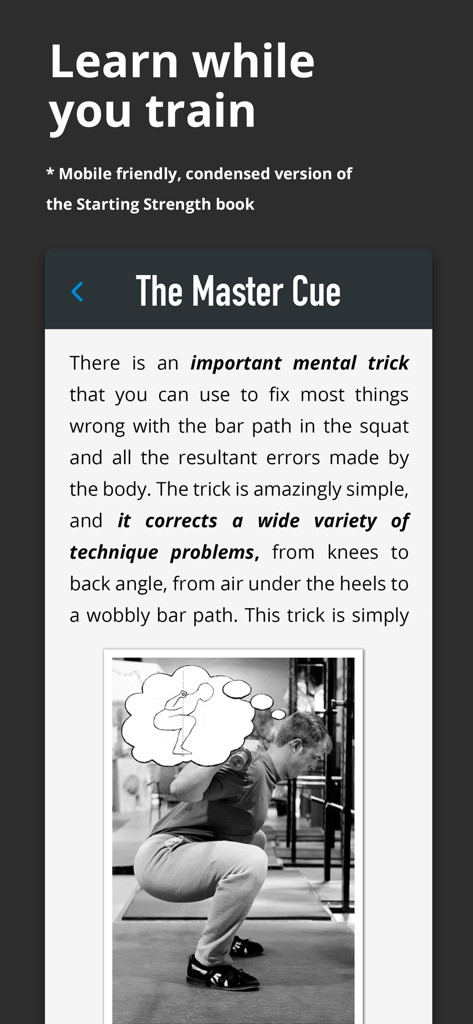 Starting Strength Official - Starting Strength app screen showing The Master Cue instructional content for squat form and technique